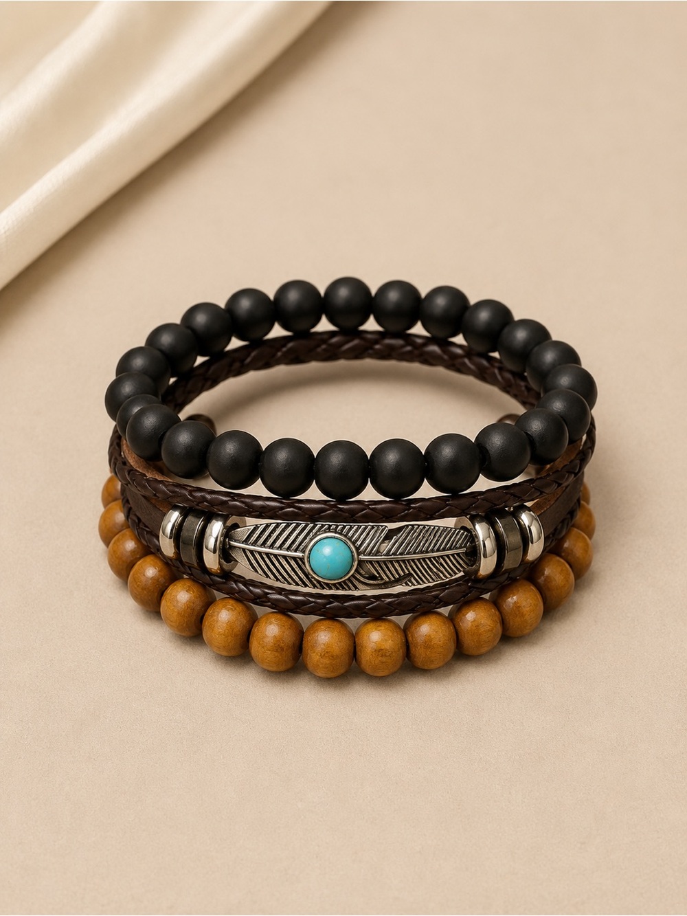 Layered Bead & Leather Bracelet Set in Black, Brown & Turquoise